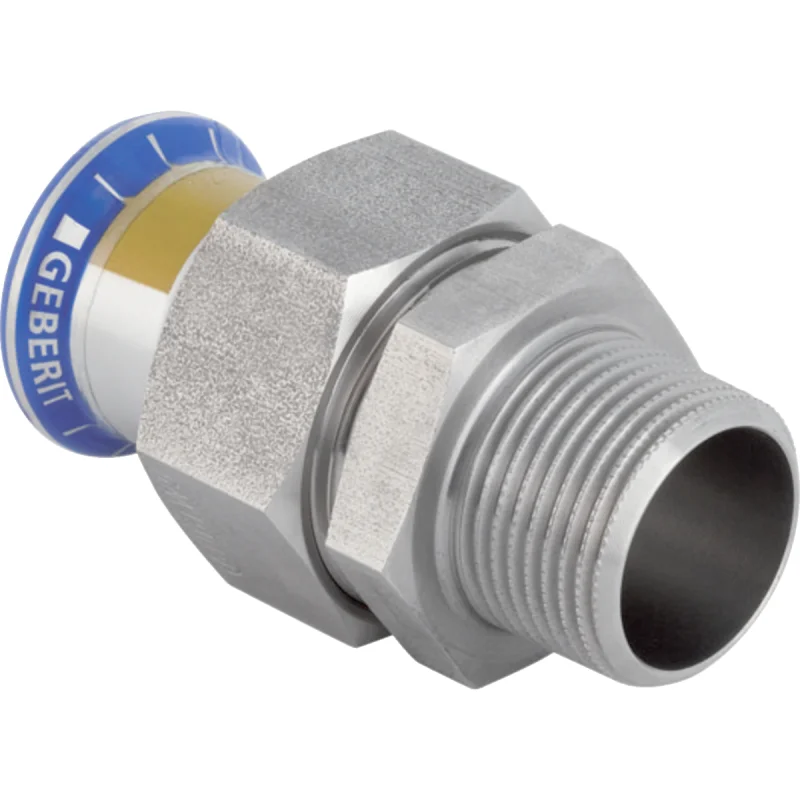 Adaptor cu filet Geberit Mapress Oţel-Inox, cu filet exterior, piuliţă din oţel CrNi (gaz): d=18mm, R=3/4″