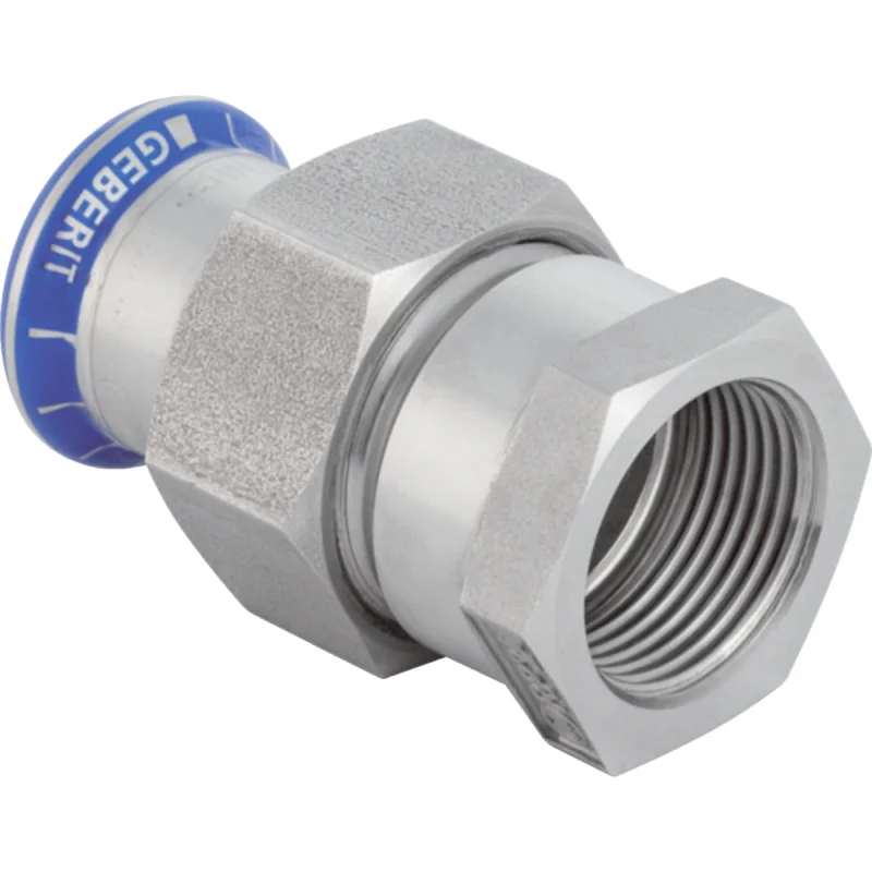 Adaptor cu filet Geberit Mapress Oţel-Inox, cu filet interior, piuliţă din oţel CrNi (FKM albastru): d=15mm, Rp=1/2″