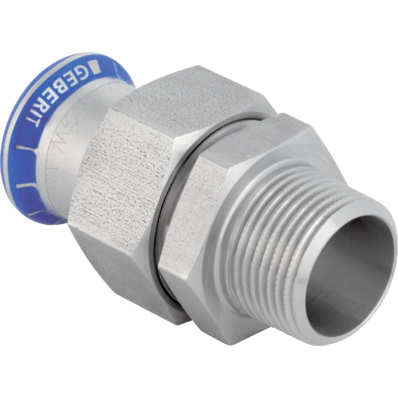 Adaptor cu filet Geberit Mapress Oţel-Inox, cu filet exterior, piuliţă din oţel CrNi (FKM albastru): d=42mm, R=1 1/2″