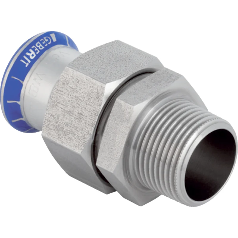 Adaptor cu filet Geberit Mapress Oţel-Inox, cu filet exterior, piuliţă din oţel CrNi (fără silicon): d=22mm, R=3/4″
