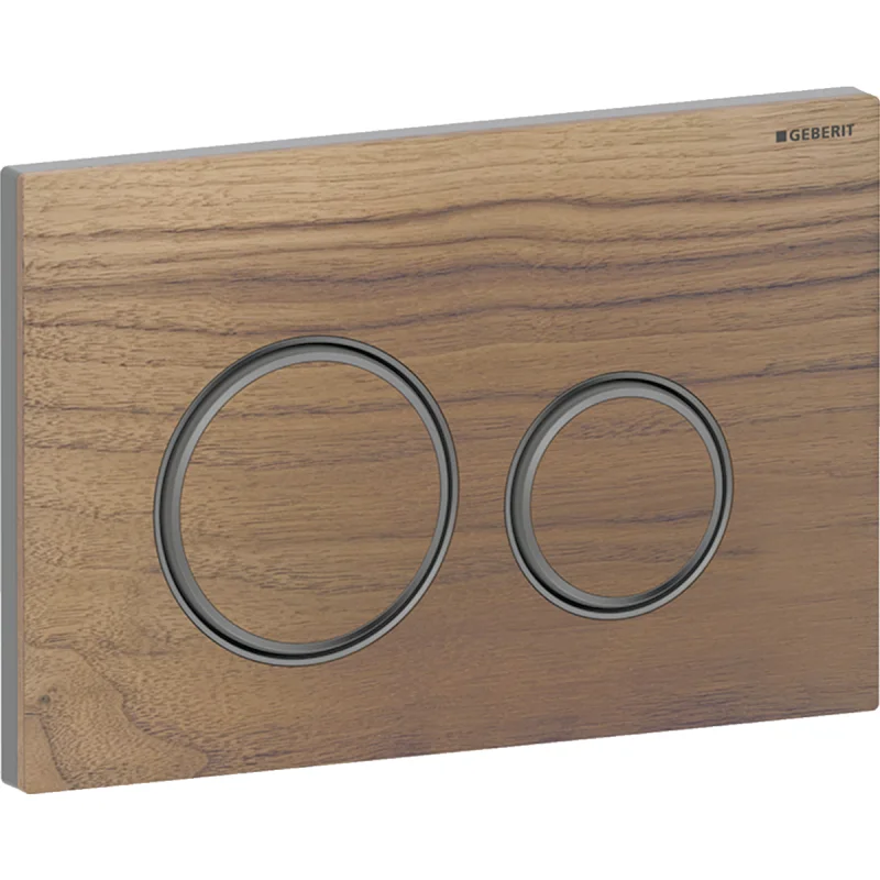 Clapetă de acţionare Geberit Sigma50 rotundă, spălare cu două volume de apă, culoare metalică crom negru: Placă de fixare: crom negru / Lustruit, cu strat uşor de curăţat, Placă de acoperire, Tastă: nuc american, Inel de design: crom negru