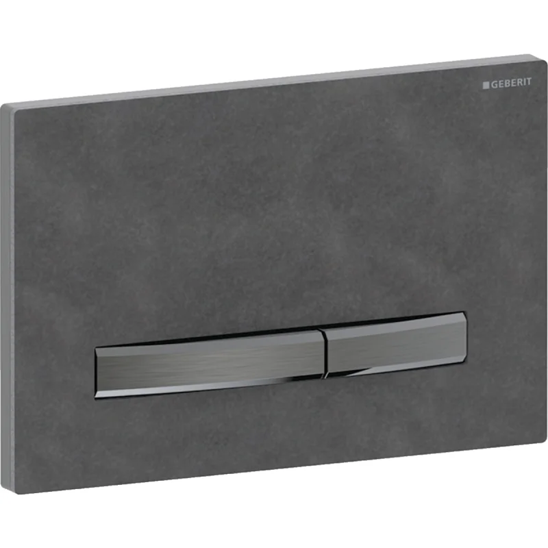 Clapetă de expoziţie Geberit Sigma50 dreptunghiulară, spălare cu două volume de apă, culoare metalică crom negru: Placă de fixare, Tastă: crom negru / Lustruit, cu strat uşor de curăţat, Placă de acoperire: Ardezie Mustang