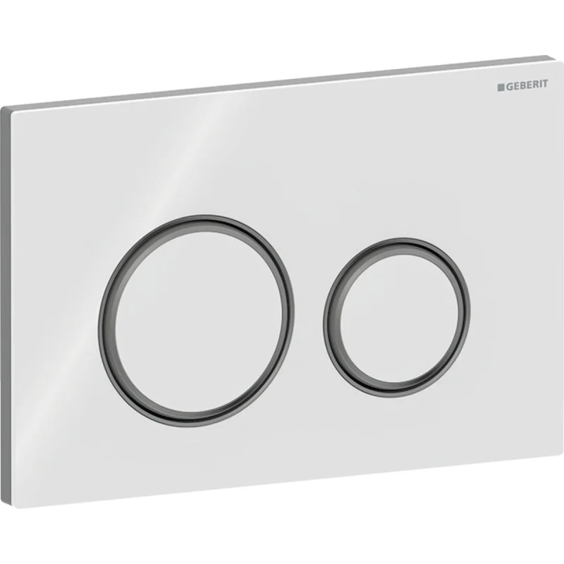 Clapetă de acţionare Geberit Sigma50 rotundă, spălare cu două volume de apă, culoare metalică crom negru: Placă de fixare: crom negru / Lustruit, cu strat uşor de curăţat, Placă de acoperire, Tastă: alb / Sticlă lucioasă, Inel de design: crom negru