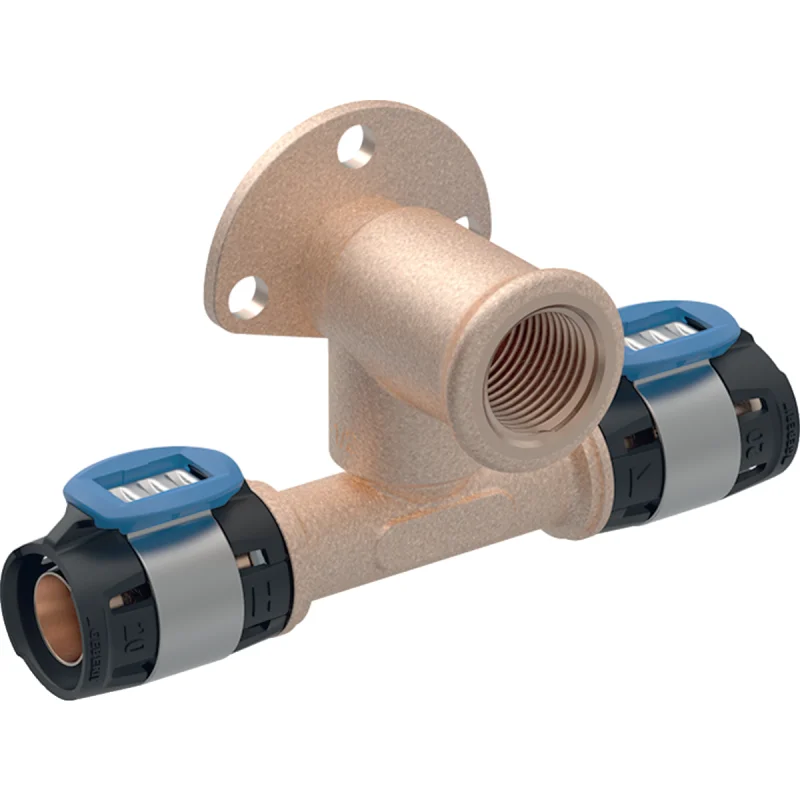 Cot T de racordare Geberit FlowFit 90° decalat: Material=Fontă roşie fără plumb, d=20mm, Rp=1/2″, d1=20mm, L=3.6cm