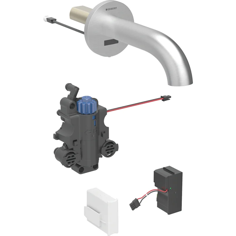 Baterie de lavoar Geberit Piave, montaj pe perete, alimentare electrică de la reţea, pentru casetă funcţională încastrată: Aspect de oțel inoxidabil / Lustruit, cu strat uşor de curăţat, L=17cm, Mixer=Cu baterie cu termostat