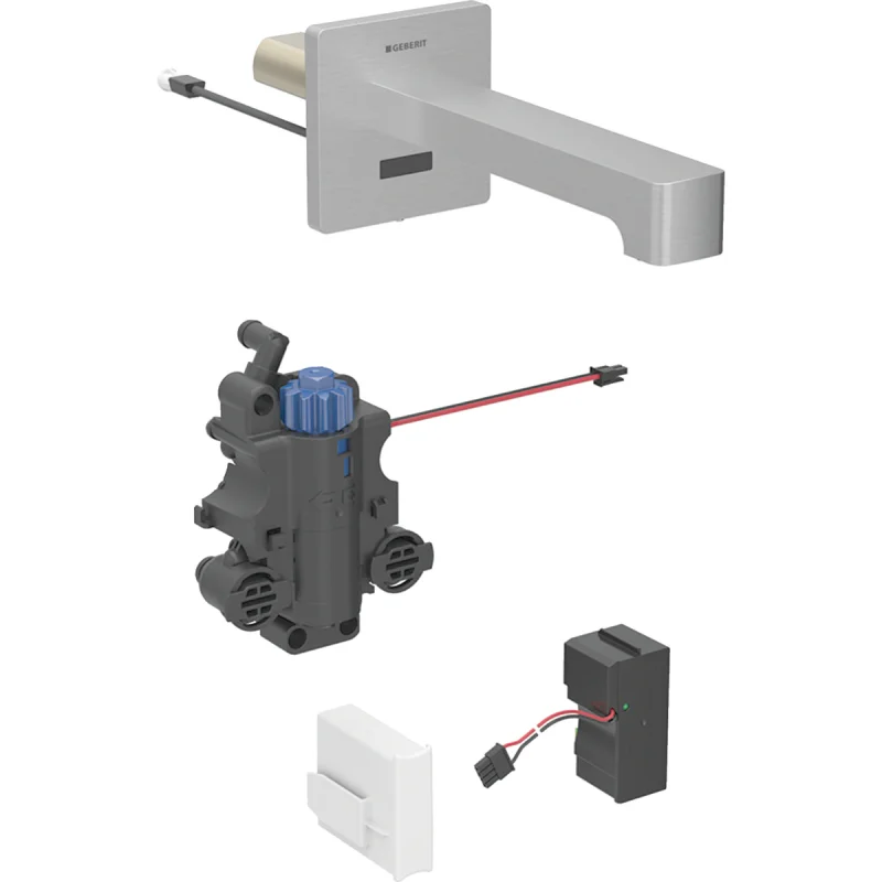 Baterie de lavoar Geberit Brenta montaj pe perete, alimentare electrică de la reţea, pentru casetă funcţională încastrată: Aspect de oțel inoxidabil / Lustruit, cu strat uşor de curăţat, L=22cm, Mixer=Cu baterie cu termostat