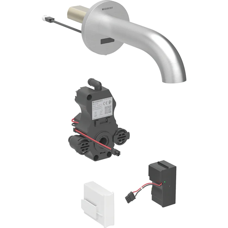 Baterie de lavoar Geberit Piave, montaj pe perete, alimentare electrică de la reţea, pentru casetă funcţională încastrată: Aspect de oțel inoxidabil / Lustruit, cu strat uşor de curăţat, L=17cm, Mixer=Fără mixer