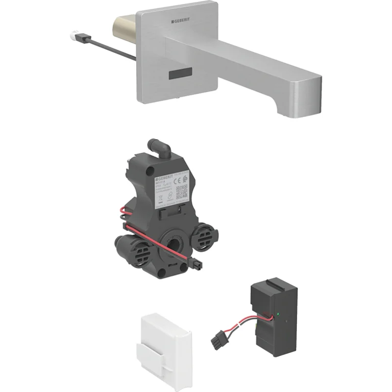 Baterie de lavoar Geberit Brenta montaj pe perete, alimentare electrică de la reţea, pentru casetă funcţională încastrată: Aspect de oțel inoxidabil / Lustruit, cu strat uşor de curăţat, L=17cm, Mixer=Cu mixer