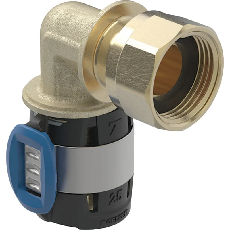 Cot de adaptare 90° Geberit FlowFit, cu piuliţă: Material=Bronz silicat fără plumb, d=25mm, di=15mm, G=3/4″